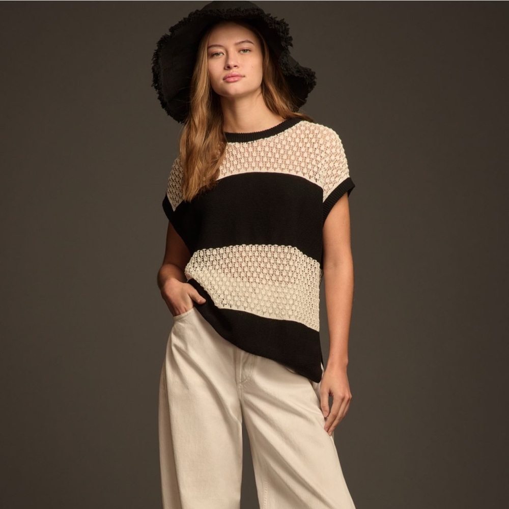 Maeve Black and White Open-Stich Mesh Sweater Vest